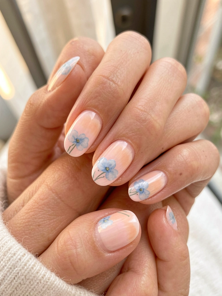Mãos femininas com unhas em esmaltação francesa, detalhes florais azuis nas pontas e fundo desfocado com luz natural suave.