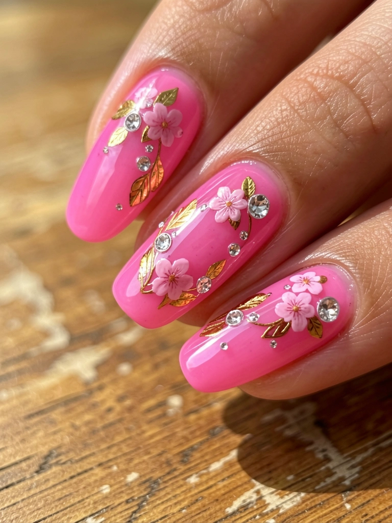 Unhas rosas brilhantes com florais delicados, folhas douradas e cristais, luz suave sobre madeira desfocada.