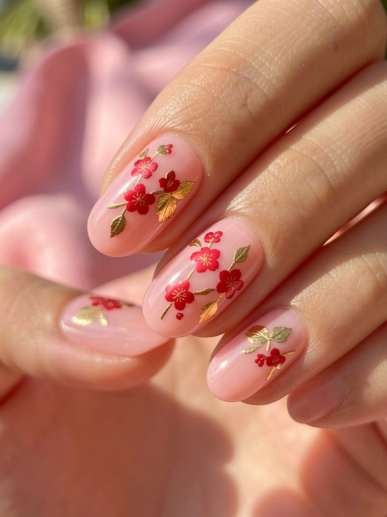 Unha rosa delicada com adesivos de flor de cerejeira vermelha e folha de ouro, brilho suave e fundo rosa desfocado.