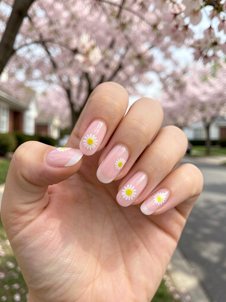 Mão feminina com unhas rosa pastel decoradas com margaridas amarelas e pontas francesas, fundo desfocado de cerejeiras floridas.