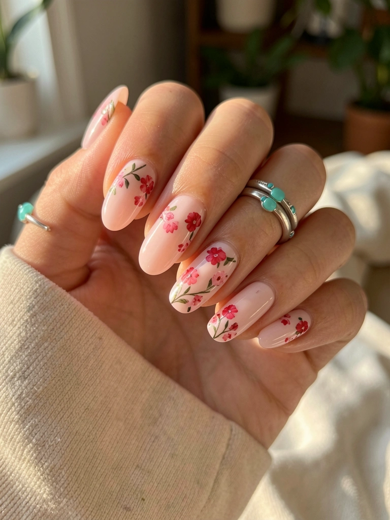 Mão feminina com unhas rosadas e arte floral delicada, anel de prata com detalhes turquesa, luz natural suave e fundo desfocado.