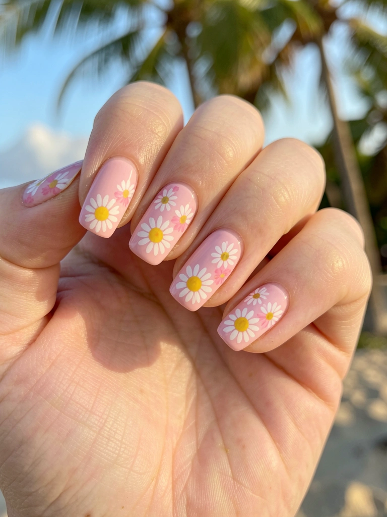 Mão com unhas decoradas com margaridas brancas e miolo amarelo sobre base rosa, luz natural suave.