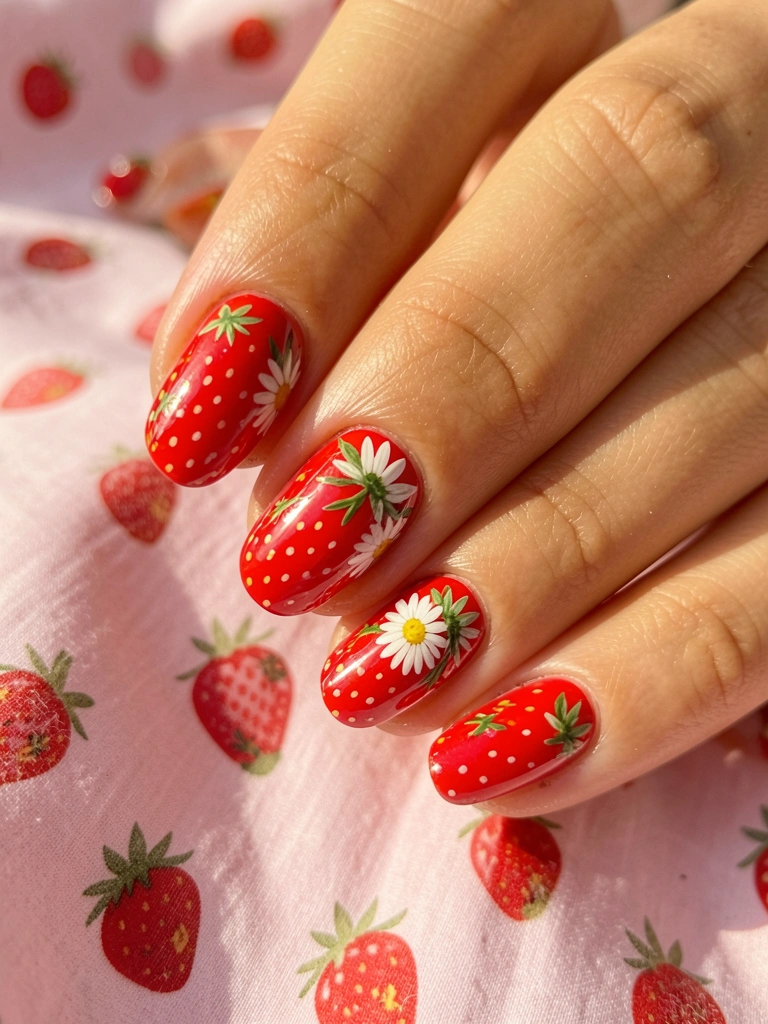 Mãos femininas com unhas vermelhas decoradas com morangos e margaridas, fundo rosa claro, luz natural realçando o brilho do esmalte.