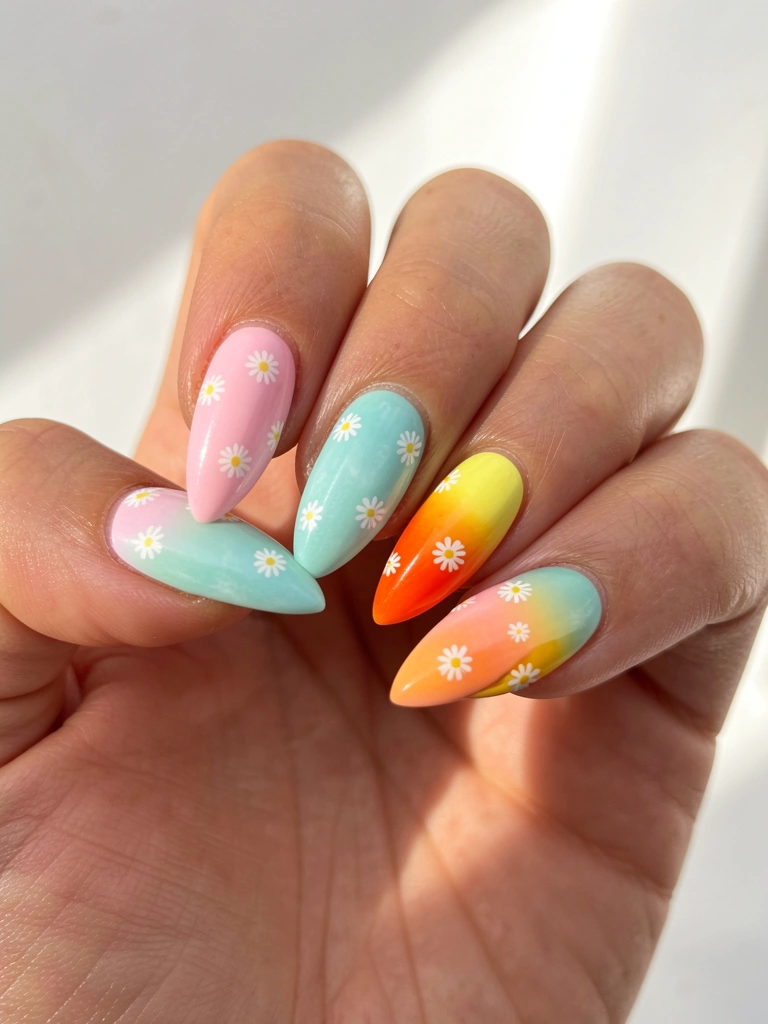 Mão segurando cinco unhas em formato amendoado com esmaltação degradê em rosa pastel, turquesa, amarelo e laranja, decoradas com minúsculas margaridas brancas, iluminação natural e fundo branco difuso.