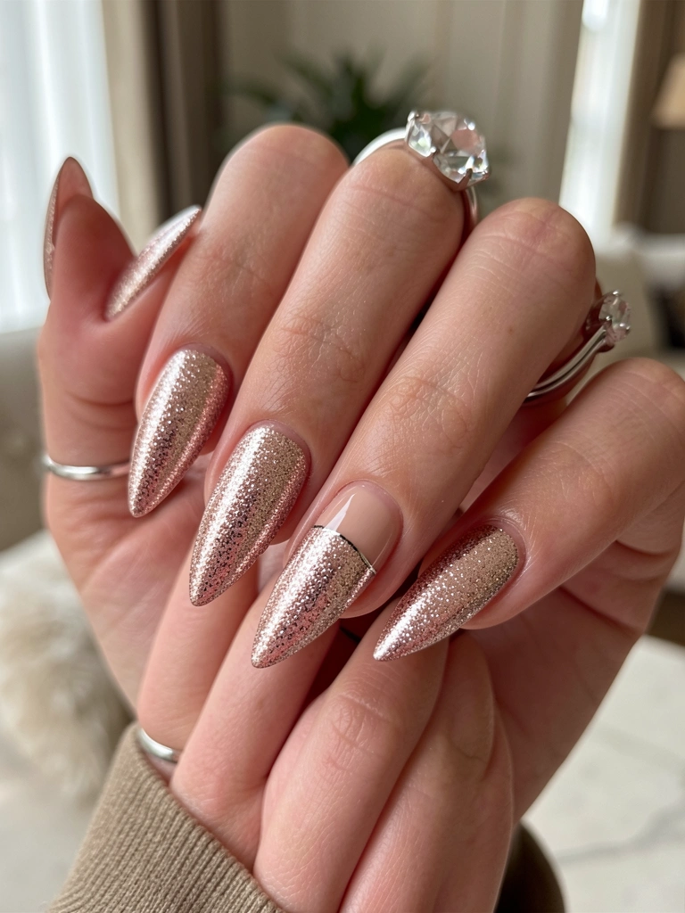 Mãos femininas com unhas em formato amendoado, base nude e glitter rosa dourado denso, com anel facetado no indicador e aliança fina no médio, luz natural suave e fundo desfocado.