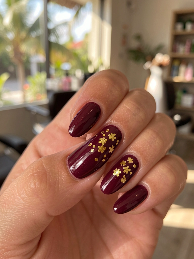 Mão com esmalte vinho e glitter dourado em formato de flor, luz natural difusa destacando o brilho e a textura da unha.
