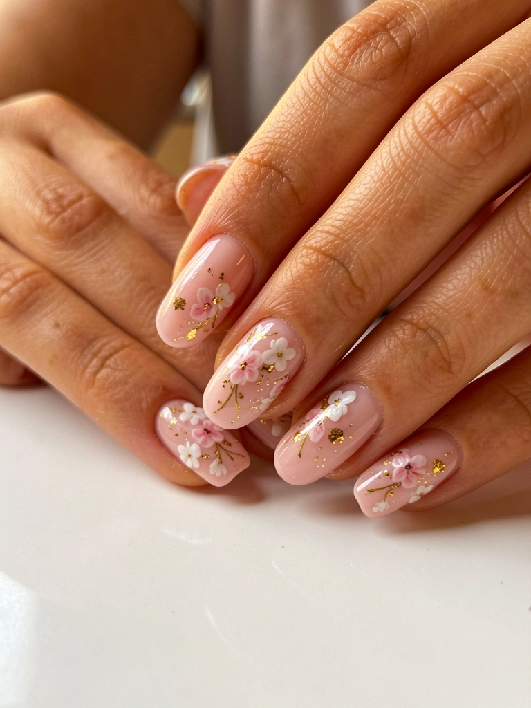 Mãos femininas exibindo unhas com gel rosa claro, decoração floral branca e glitter dourado, luz natural suave e fundo desfocado.