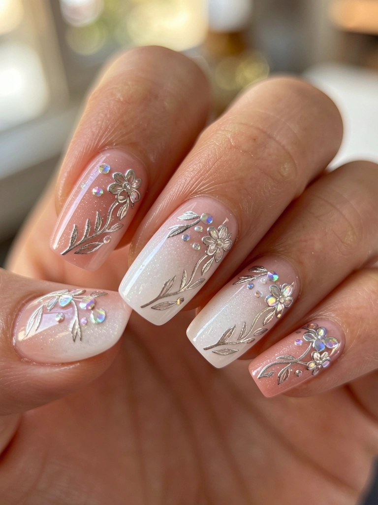Unhas com esmalte degradê do blush ao branco pérola, adornadas com detalhes florais prateados e cristais iridescentes, luz natural suave e fundo desfocado.