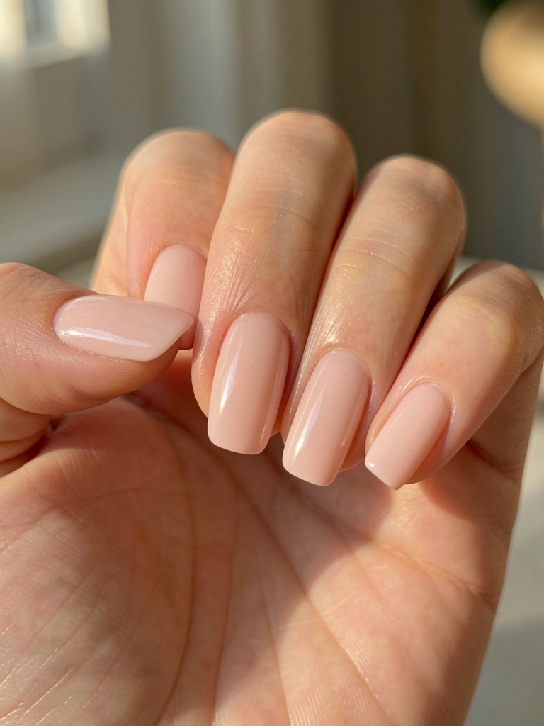 Close-up de cinco unhas rosas claras com acabamento brilhante em mão de pele clara, iluminadas por luz natural suave.
