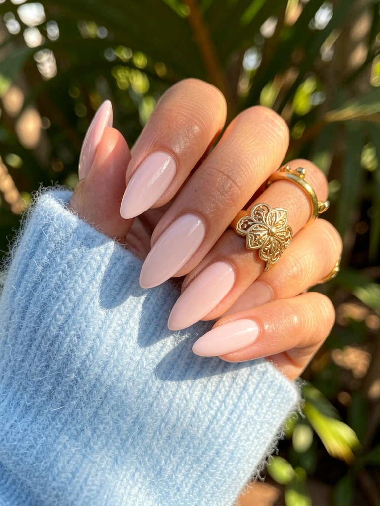 Mão com unhas ovais rosas claras e acabamento brilhante, anel de ouro ornamentado no dedo anelar, manga de cashmere azul claro, luz natural filtrada por folhagens.