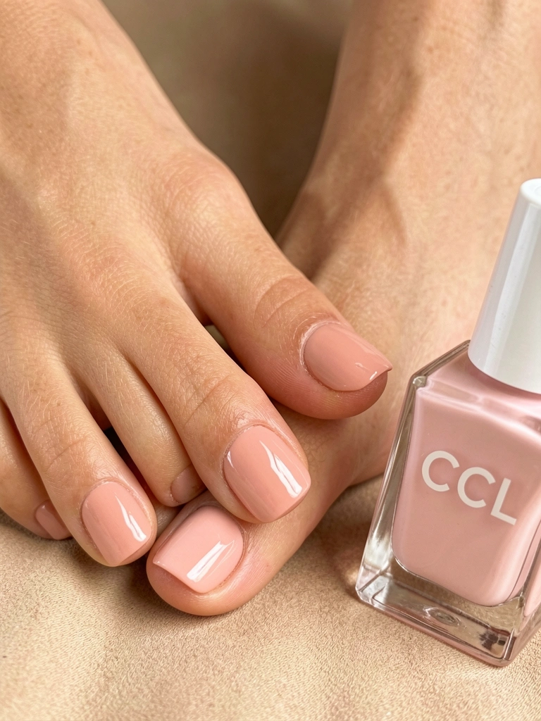 Pés com esmalte rosé nude, um deles parcialmente pintado, ao lado de frasco 