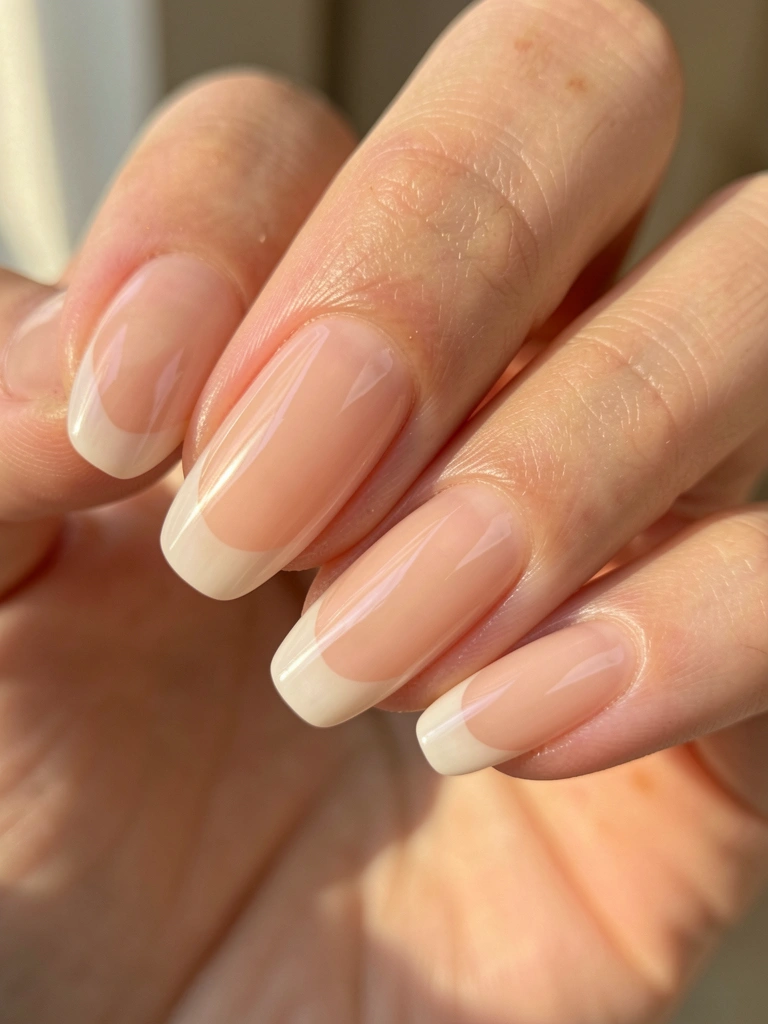 Unhas com esmalte nude acetinado e francesinha clássica, luz natural suave e fundo neutro desfocado.