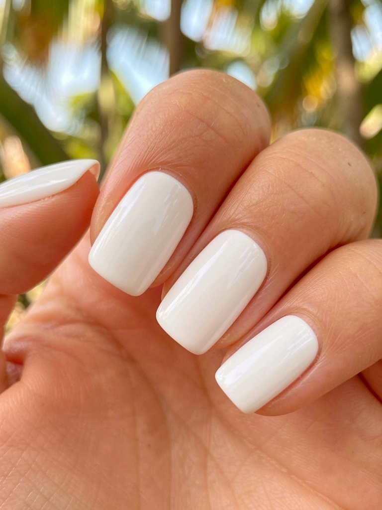 Unhas quadradas brancas com tom rosado-bege, superfície lisa e brilhante sob luz natural, pele com tom pêssego ao redor, fundo levemente desfocado com luz tropical.