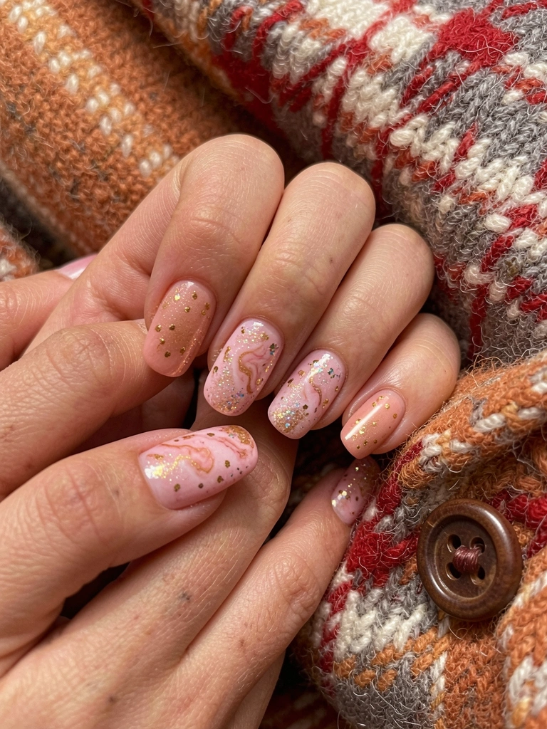 Mãos femininas com unhas pink e douradas em degradê com glitter, sobre cachecol xadrez vermelho, branco e cinza, luz natural difusa.