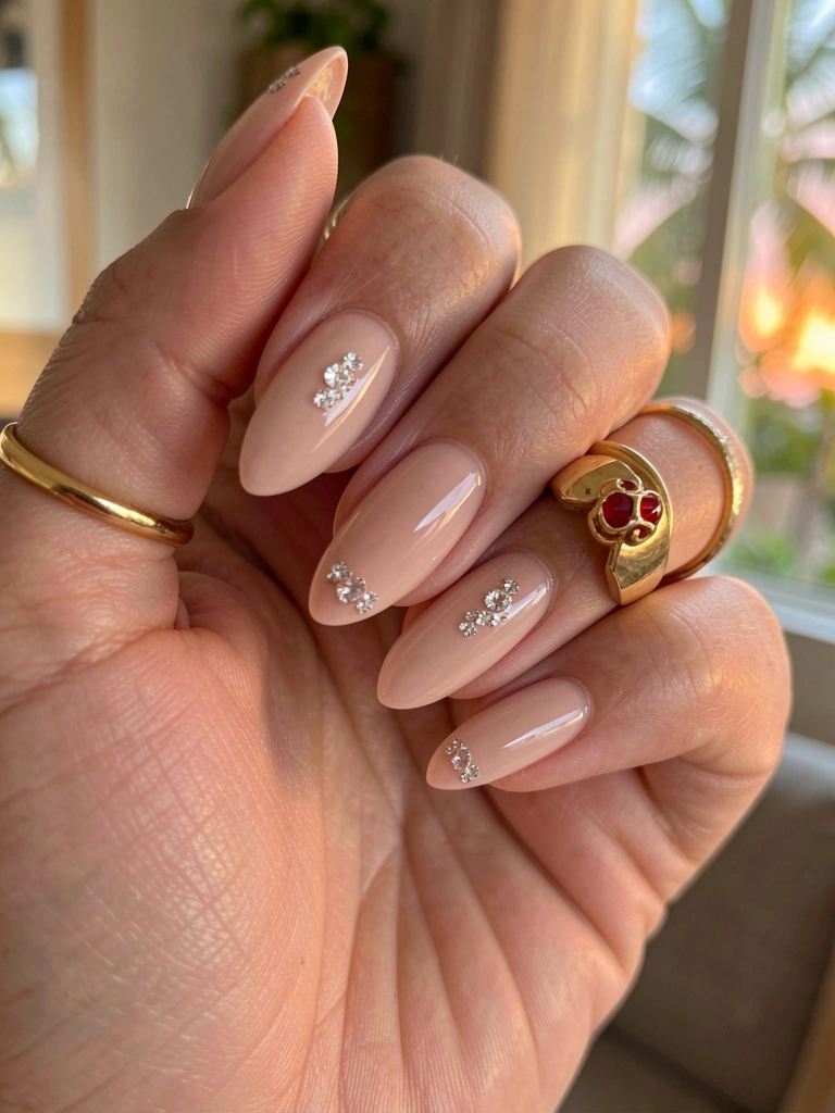 Unhas nuas com strass sutis e anéis de ouro em mão feminina, luz natural quente e fundo desfocado.