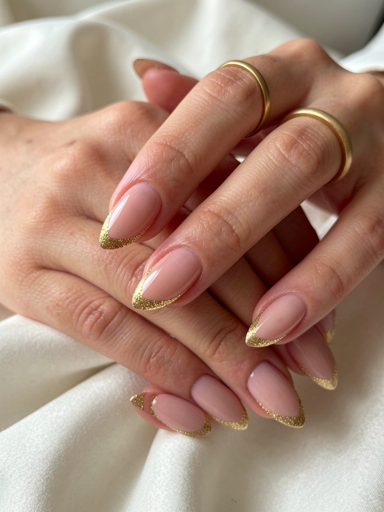 Mãos femininas com unhas amendoadas nude e traço fino de glitter dourado na ponta; anel de ouro no dedo anelar; fundo de tecido off-white desfocado com luz natural suave.