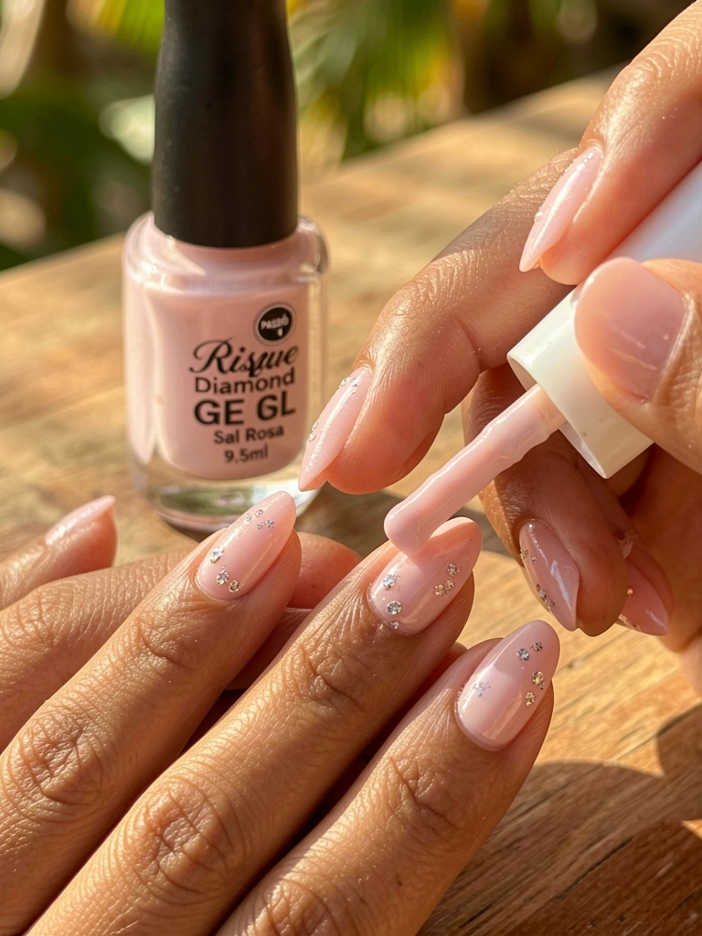 Mãos femininas aplicando esmalte rosa claro nas unhas, frasco 