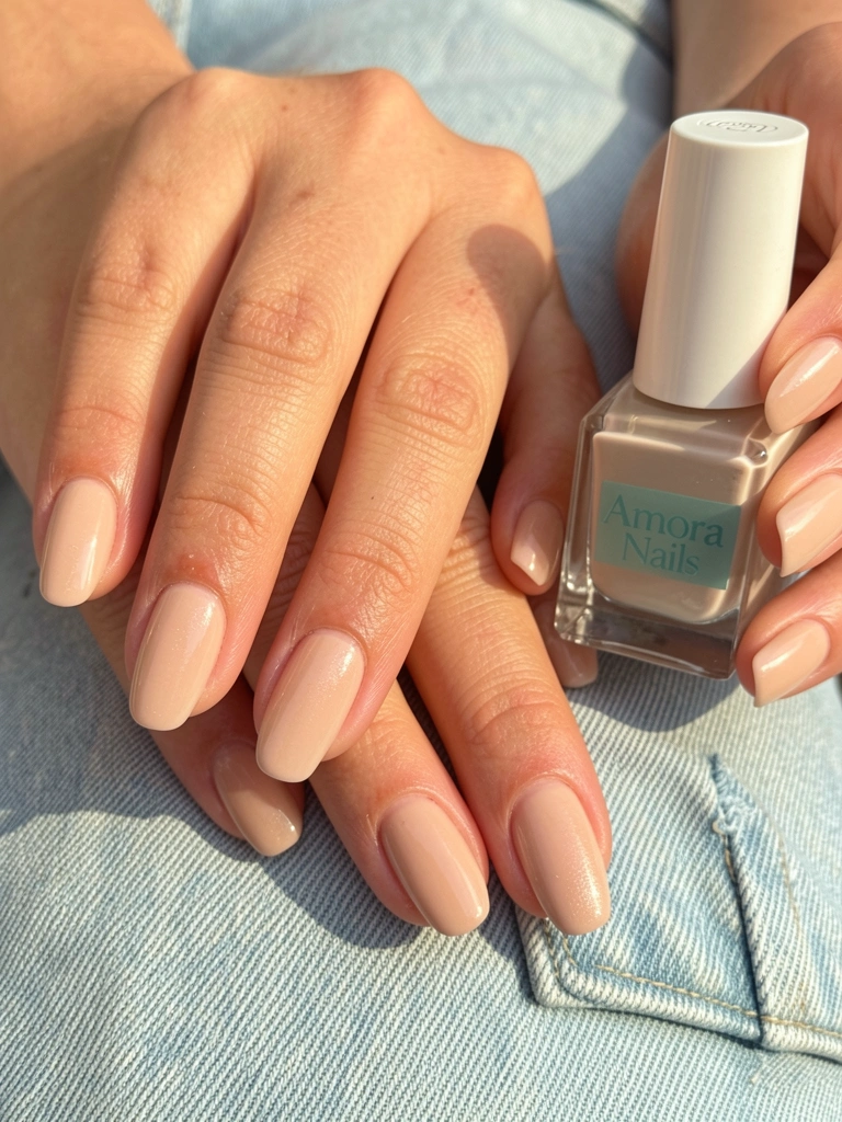 Mãos femininas com esmalte nude sobre jeans azul claro, frasco 
