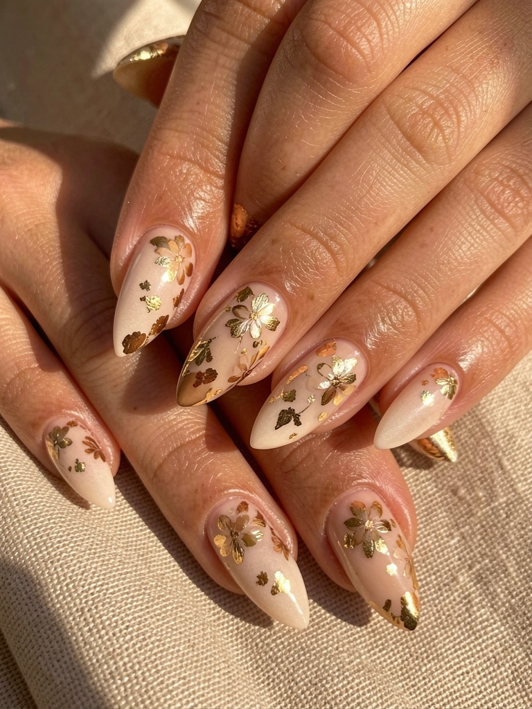 Mãos com unhas amendoadas e arte floral em bege e dourado, com flocos de ouro e luz natural difusa sobre tecido bege texturizado.
