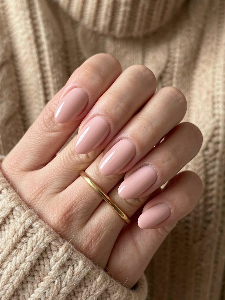 Mão com unhas nude rosadas e formato oval, anel de ouro fino, luz difusa sobre fundo de tricô bege desfocado.
