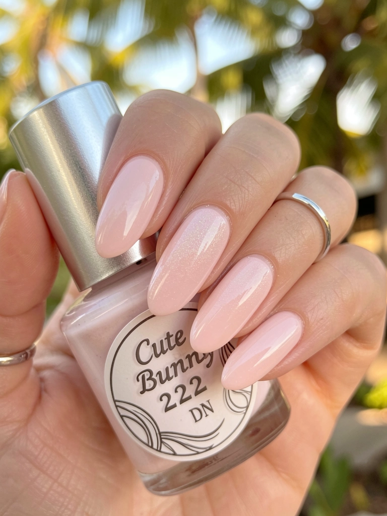 Close-up de unhas postiças rosa claro com esmalte brilhante e anel de prata, frasco de esmalte 