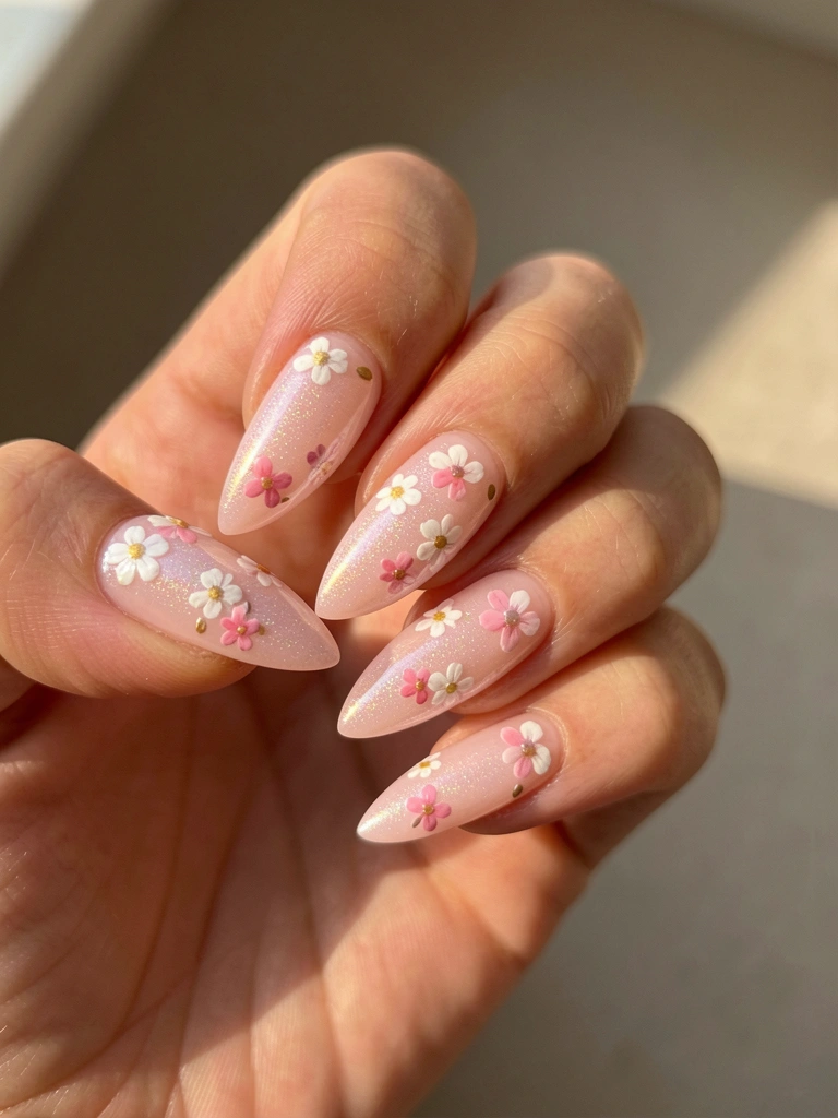 Mão com unhas alongadas em gel rosa pálido decoradas com flores minúsculas brancas e rosas, luz natural suave sobre superfície cinza desfocada.