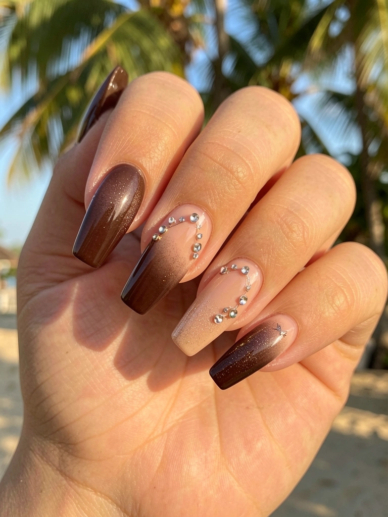 Mãos com unhas longas retangulares, esmalte degradê marrom e nude, glitter sutil e pedrinhas, luz natural quente e fundo com folhagens.