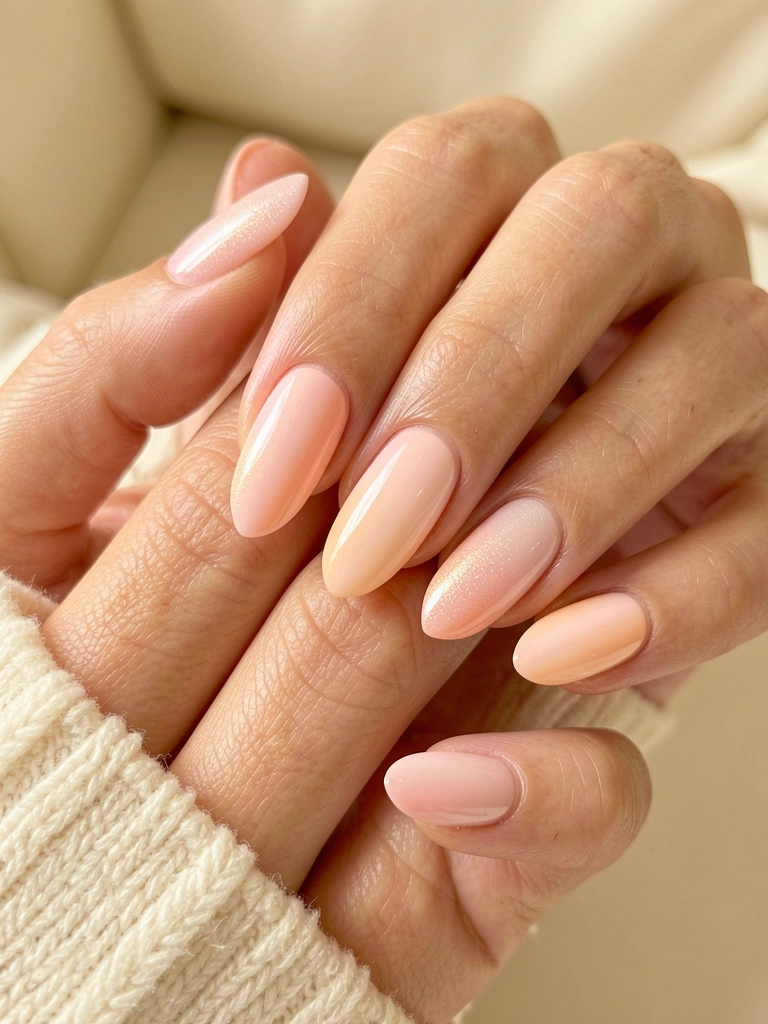 Close-up de mãos com unhas em gel rosa pastel e pêssego, gradiente suave e brilho sutil, luz natural, fundo neutro desfocado.