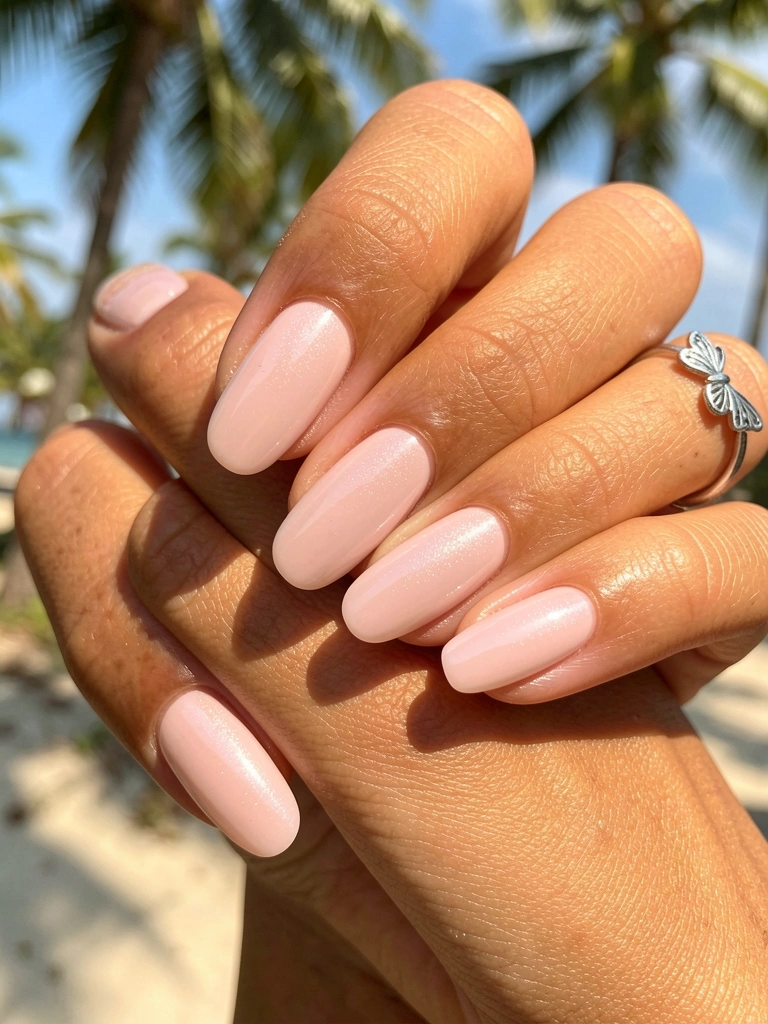 Mãos femininas com unhas de gel rosadas e brilho sutil, anel de prata com borboleta, luz natural do dia.