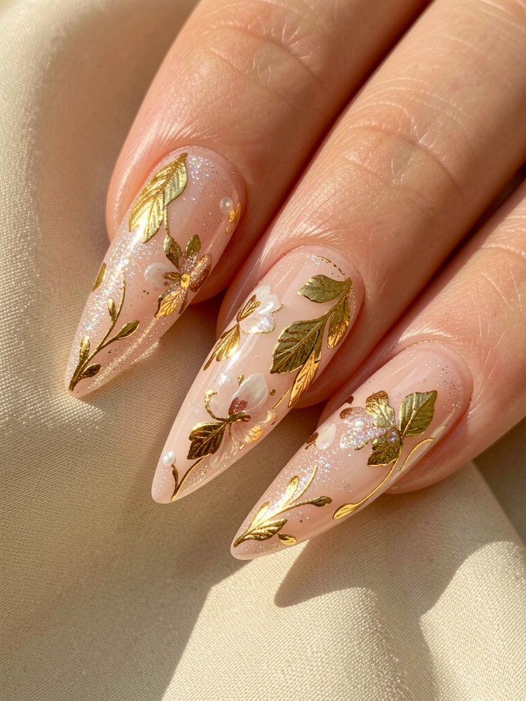 Macro de unhas em gel nude e rosa claro com folhas de ouro, glitter e florais, fundo bege acetinado, luz natural suave.