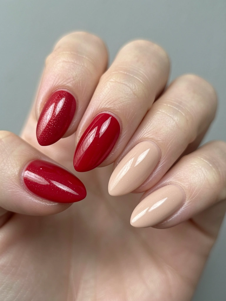 Mão com unhas ovais vermelhas e nude de alto brilho, luz natural difusa sobre fundo cinza neutro.