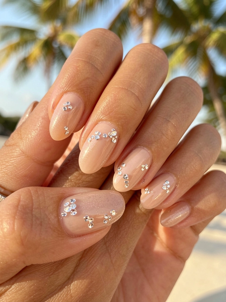 Mãos femininas com unhas de gel curtas, base nude e cristais brilhantes, luz natural suave e fundo desfocado.