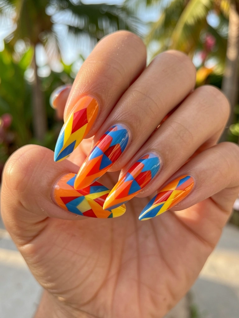 Mãos com unhas de gel longas em tons vibrantes de laranja, vermelho, azul e amarelo com desenhos geométricos, fundo desfocado com folhagem tropical e luz natural.