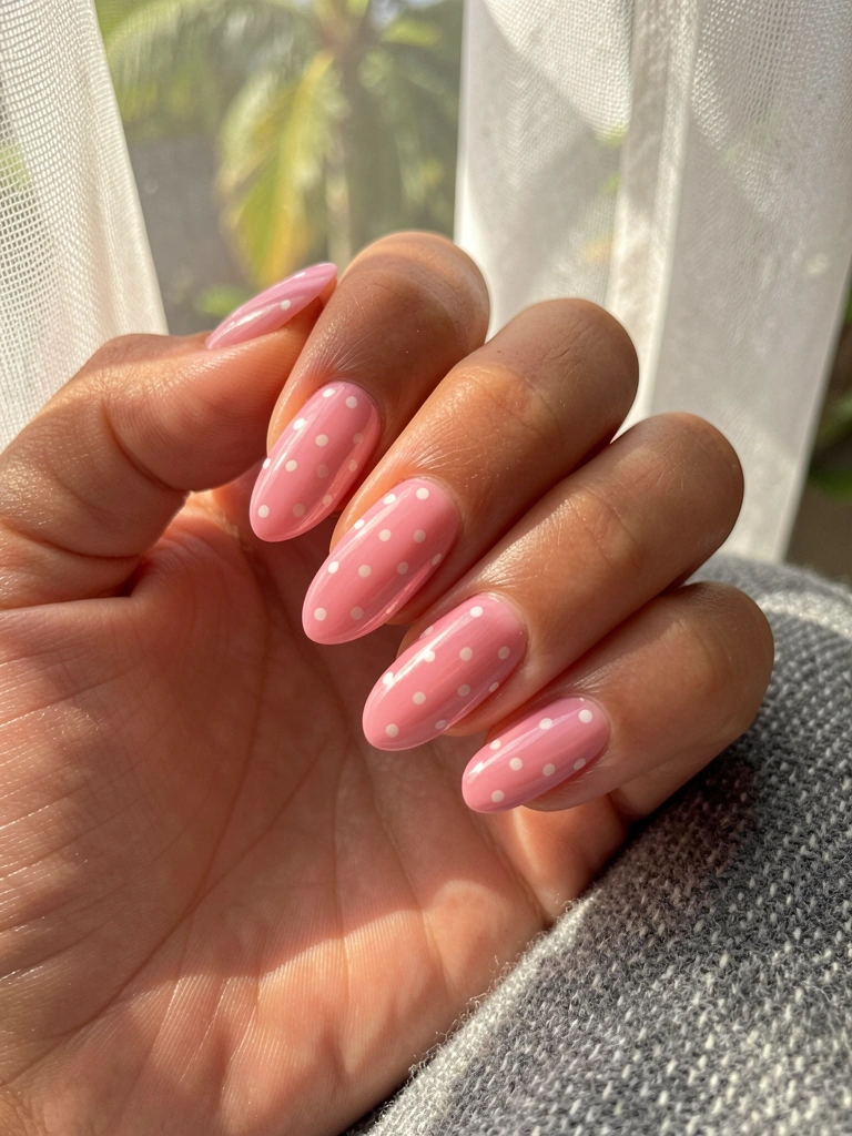 Mão feminina com unhas pink polka dots sobre tweed cinza, luz natural filtrada por cortina.