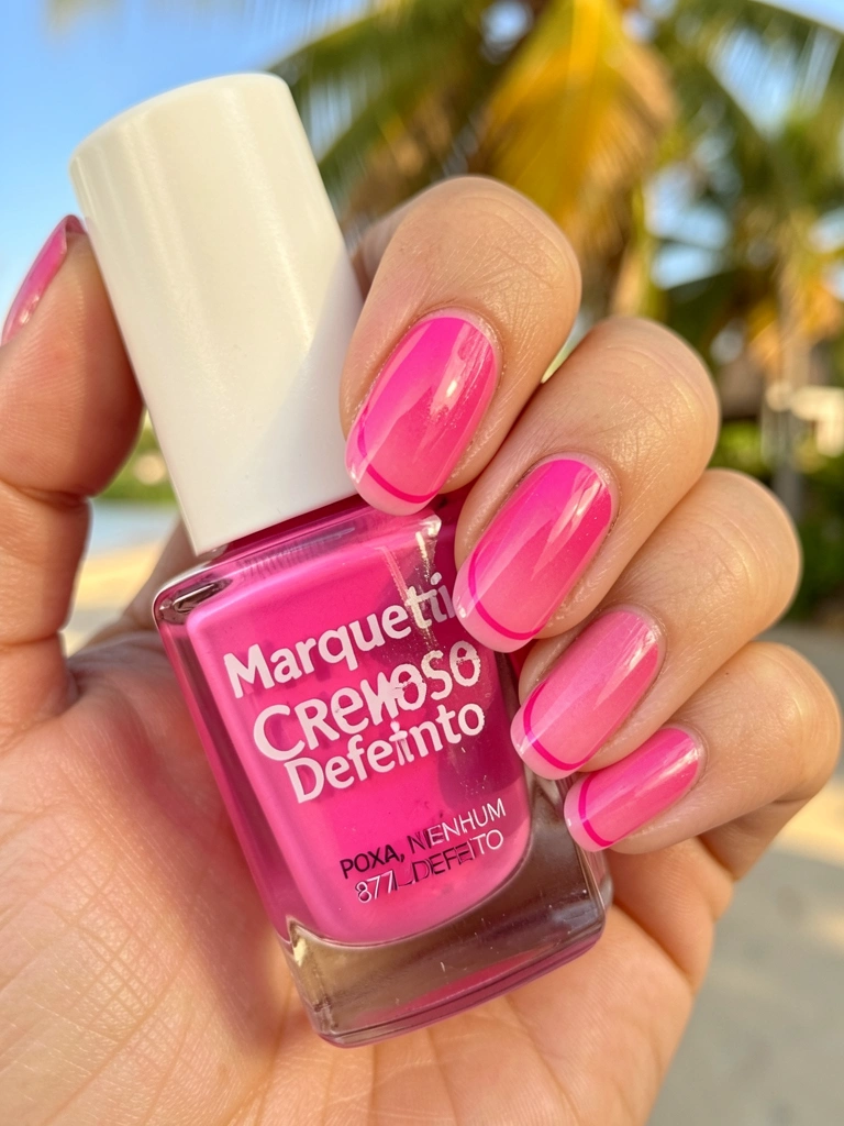 Mão com esmalte rosa vibrante e brilho intenso segurando frasco Marquetti Cremoso 