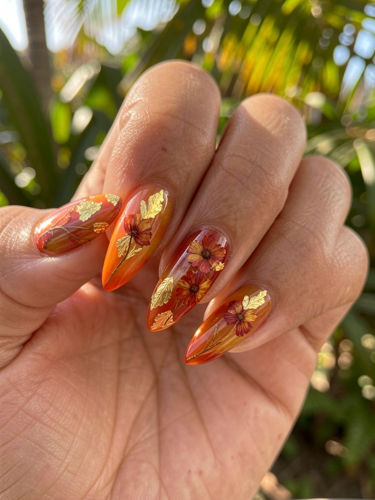 Mãos com unhas em gel alongadas e brilhantes, gradiente laranja-vermelho-dourado, flores secas e folhas de ouro em close-up, luz natural filtrada por folhagens.