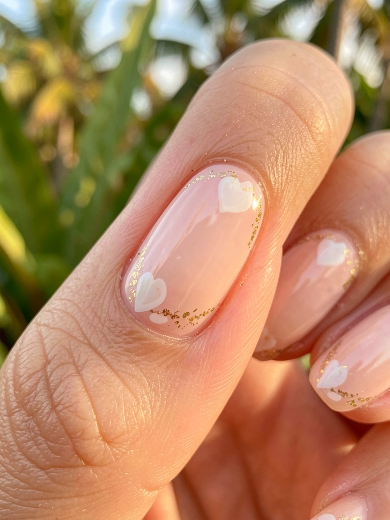 Unha nude com ombré rosa claro, corações brancos e glitter dourado nas bordas, luz natural suave e folhagem tropical desfocada ao fundo.