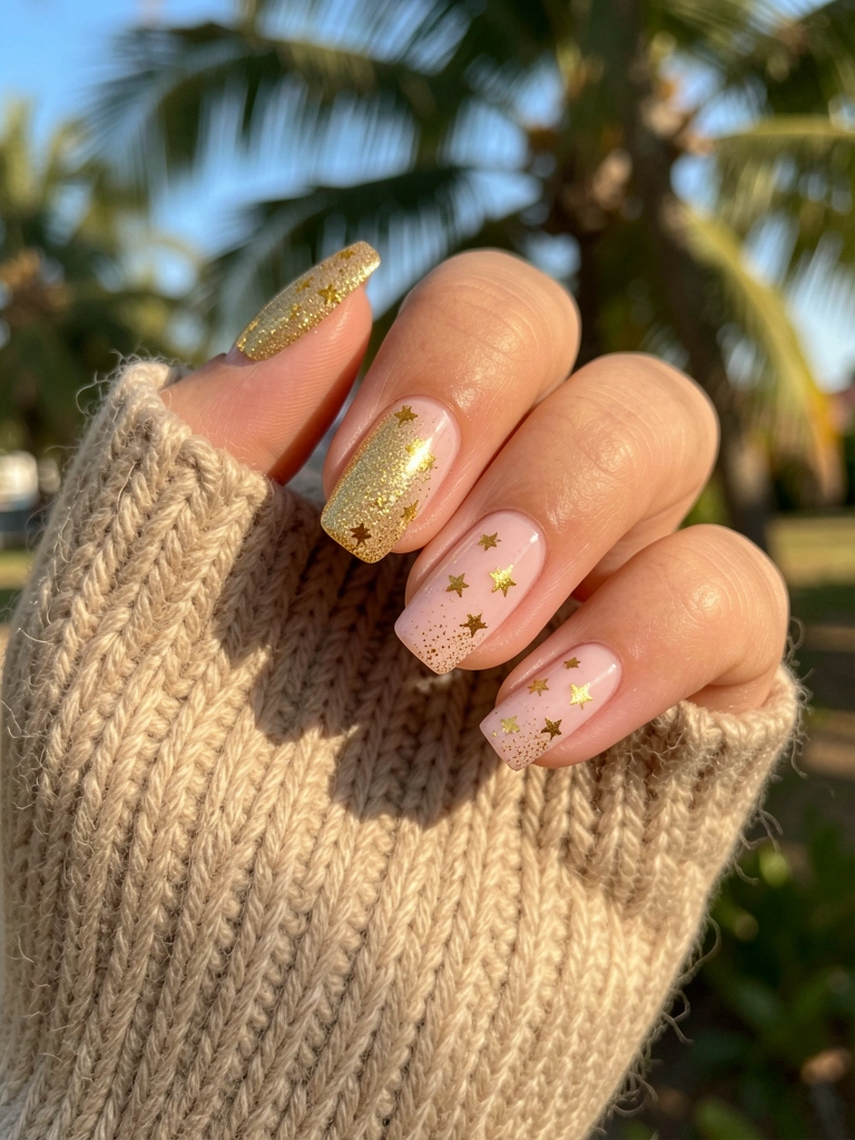 Mão com luva de tricô bege segurando unhas com esmalte rosa claro e glitter dourado em estrelas, luz natural filtrada por folhagens ao fundo.