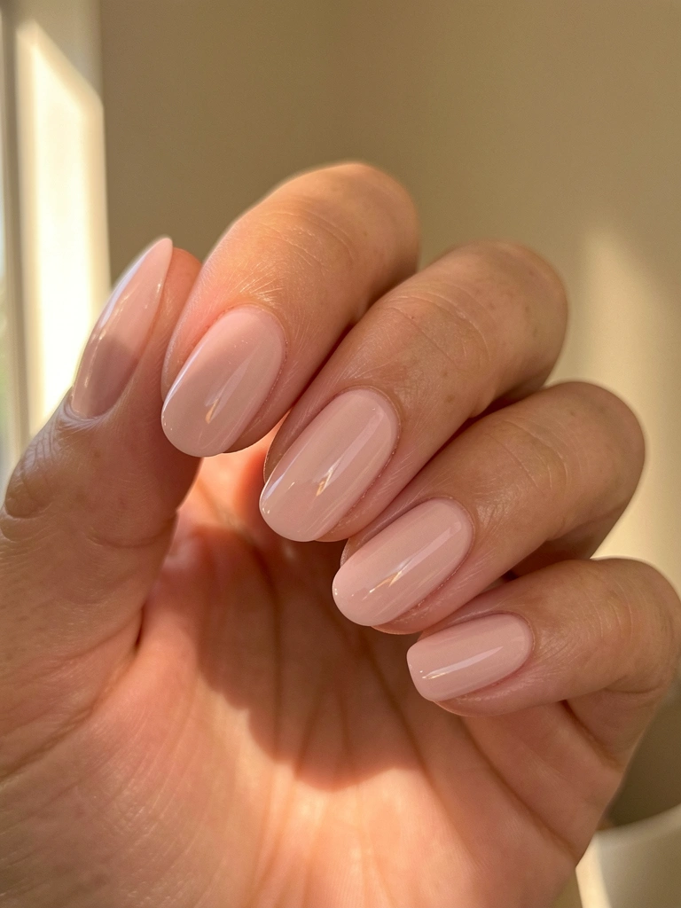Mãos femininas com unhas curtas e esmalte rosa claro brilhante, luz natural suave e parede bege desfocada ao fundo.