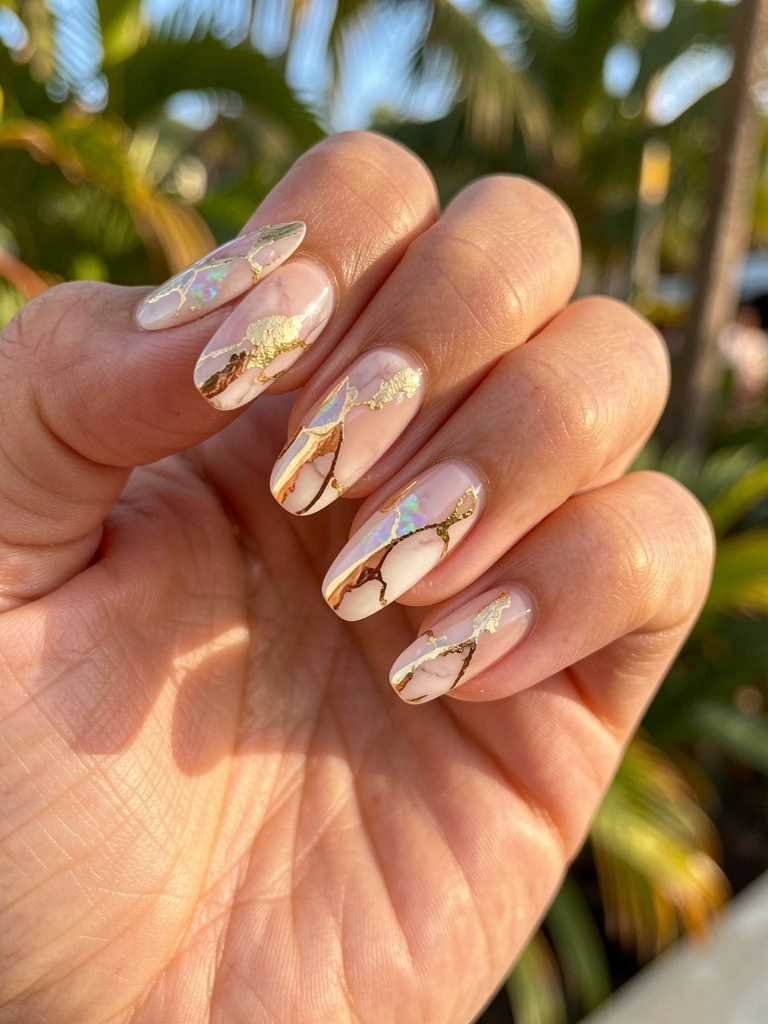 Mão feminina segurando unhas nude com folhas de ouro e desenhos de mármore iridescentes, luz natural e fundo desfocado de folhagem tropical.