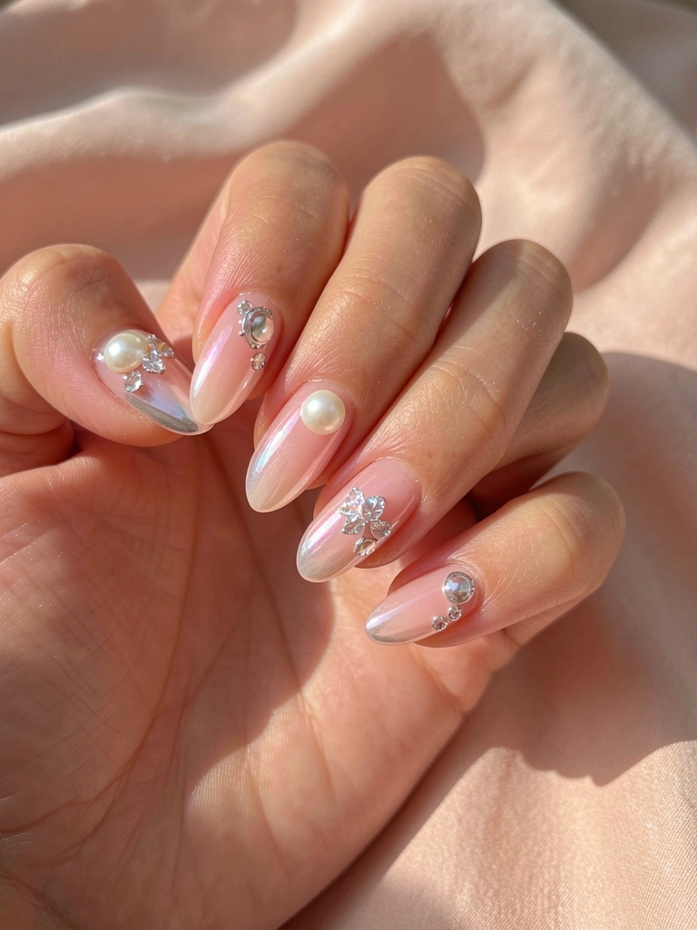 Mão com unhas nuas e cintilantes decoradas com pérolas e cristais, refletindo luz rosa suave sobre superfície blush.