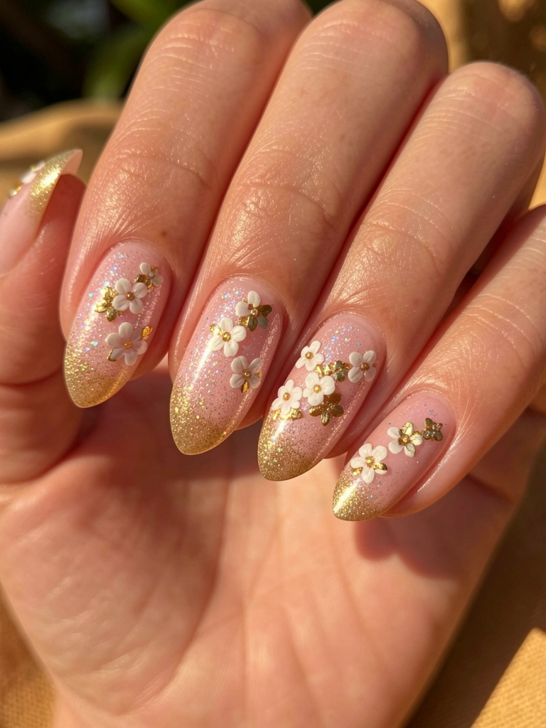 Unhas ovais com esmalte rosa claro e glitter iridescente, mini flores brancas e douradas incrustadas, luz natural difusa destacando os detalhes.