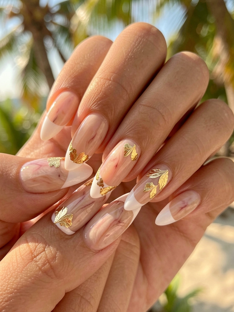 Mãos exibindo unhas em formato amendoado com base nude, ponta francesa branca e detalhes em folha de ouro, iluminadas por luz natural difusa.