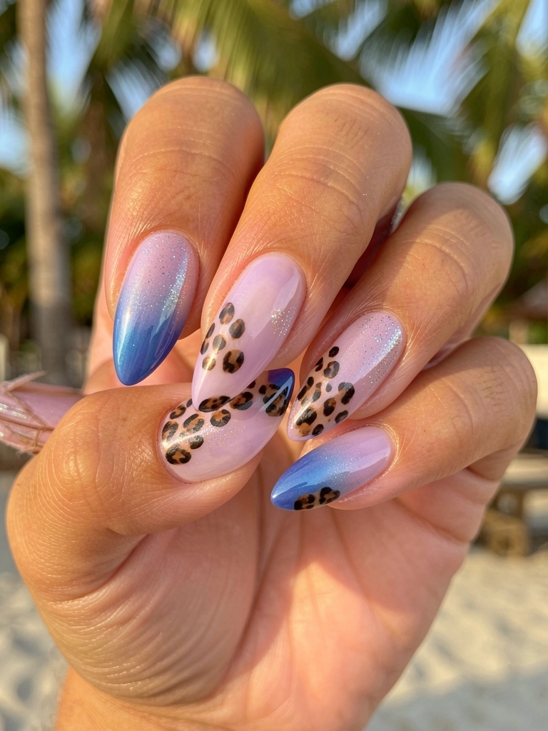 Mãos com unhas em degradê lilás e azul, ponta com estampa de oncinha, acabamento iridescente e glitter prateado, luz natural suave.