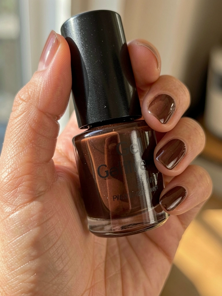 Close-up de frasco de esmalte em gel marrom escuro segurado por mão feminina, com textura realista da pele e fundo desfocado, luz natural realçando o brilho do esmalte.