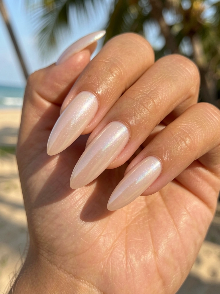 Mãos femininas com unhas amendoadas em gel nude perolado, reflexo iridescente sob luz natural difusa e fundo levemente desfocado.
