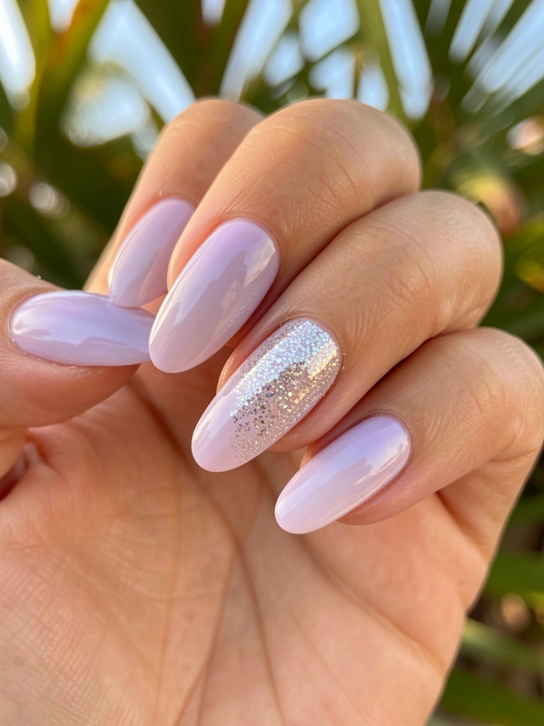 Mão com unhas decoradas em gradiente de lavanda e lilás, glitter sutil em uma unha, luz natural difusa e folhagem tropical ao fundo.