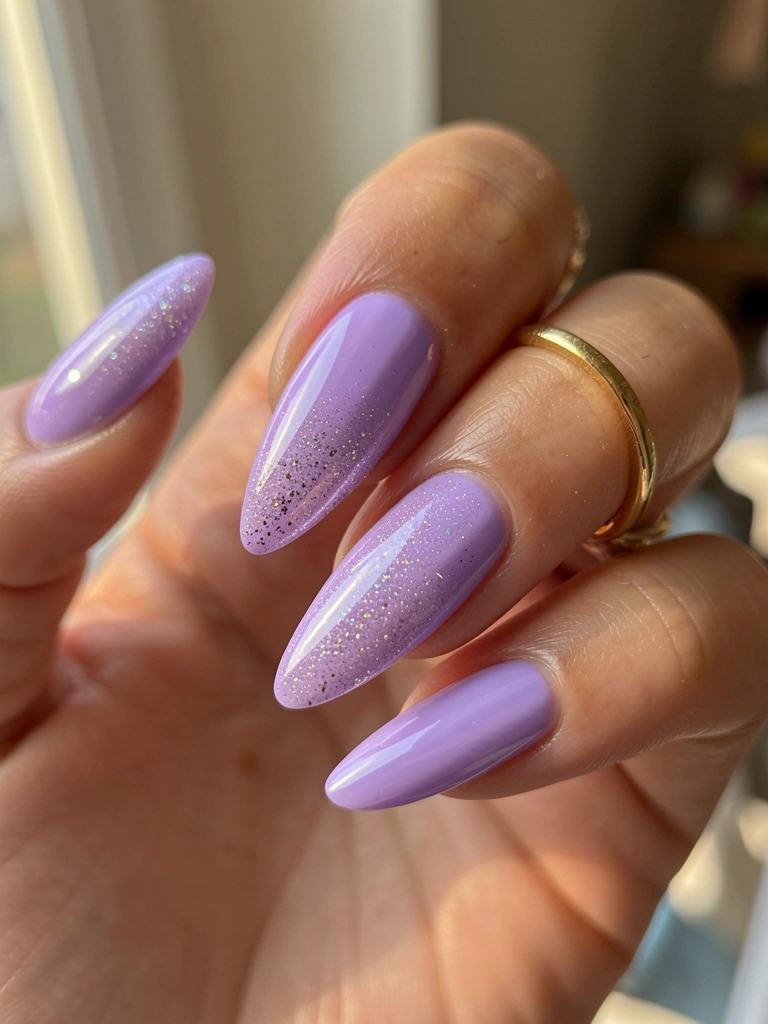 Mão com unhas lavanda alongadas e brilho glitter, anel dourado fino, luz natural suave e fundo desfocado.