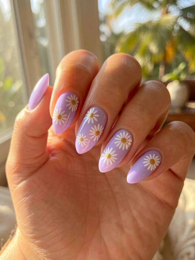 Mãos femininas com unhas ovais pintadas de lavanda brilhante e florais de margarida branca, iluminadas por luz natural suave, fundo desfocado.