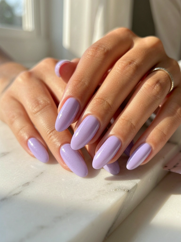 Mãos femininas com unhas em gel lavanda e acabamento brilhante sobre bancada de mármore branco, luz natural suave criando sombras delicadas.